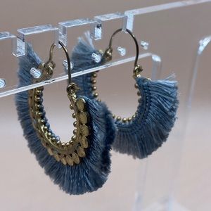 Blue grey thread hook earrings brushes gold tone metal